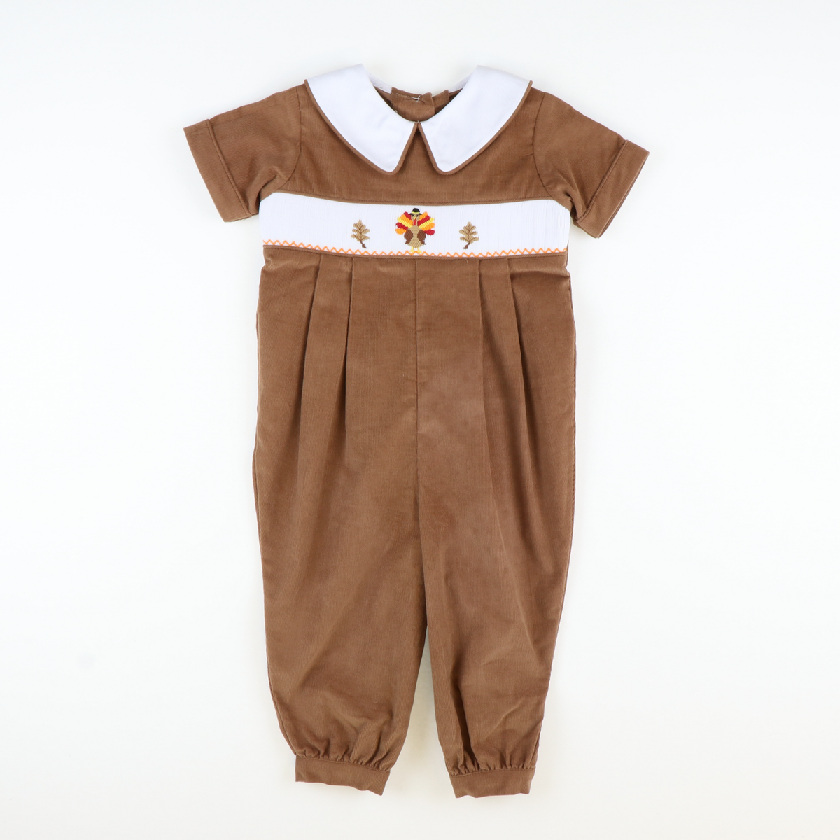 Smocked Autumn Turkeys Collared Boy Long Bubble - Cinnamon Corduroy - Stellybelly