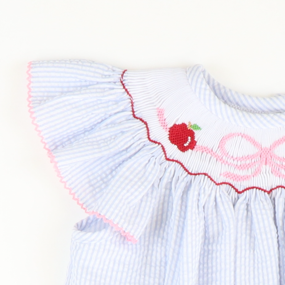 Smocked Apples & Bow Bishop - Light Blue Stripe Seersucker - Stellybelly