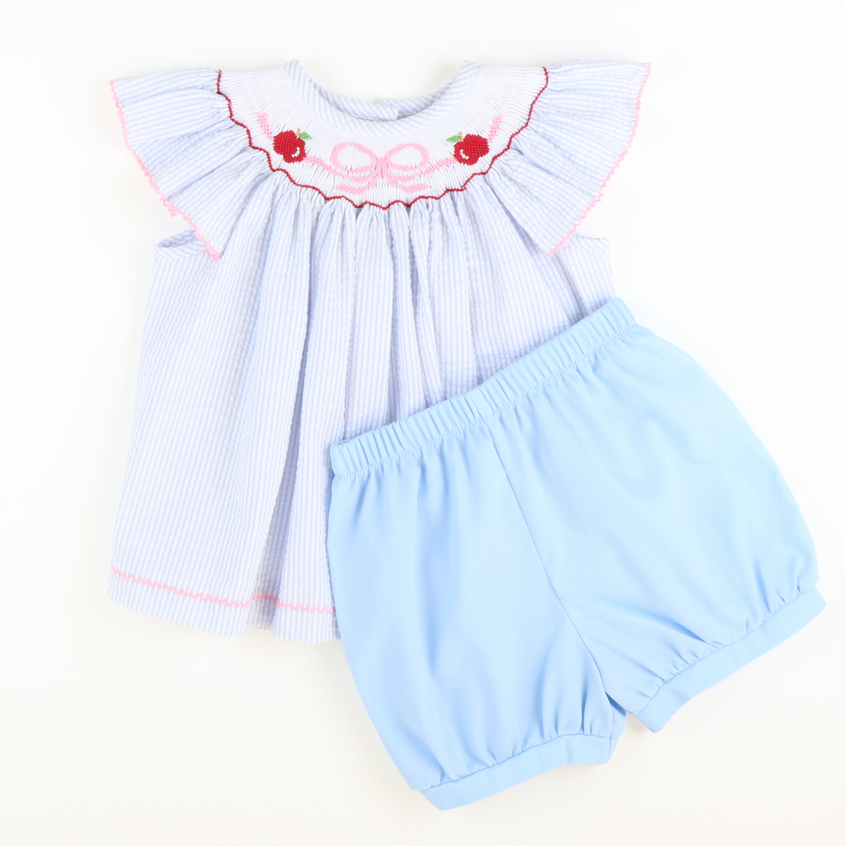 Smocked Apples & Bow Top & Bloomer Set - Light Blue Stripe Seersucker - Stellybelly
