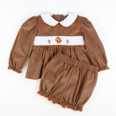 Smocked Autumn Turkeys Collared Top & Bloomer Set - Cinnamon Corduroy - Stellybelly