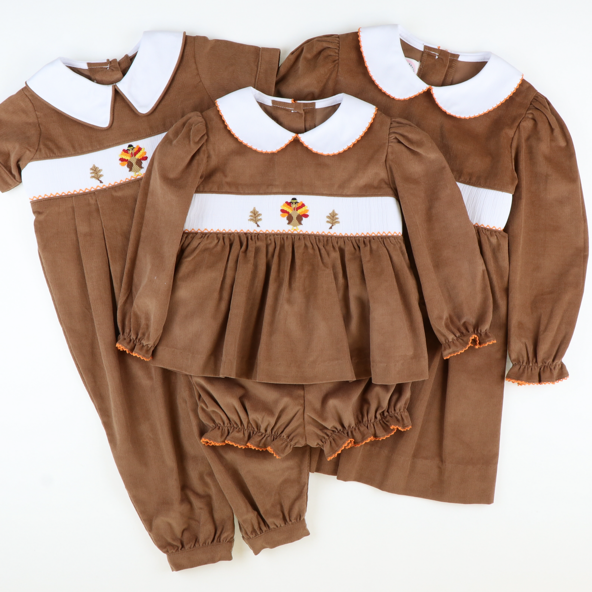 Smocked Autumn Turkeys Collared Top & Bloomer Set - Cinnamon Corduroy - Stellybelly