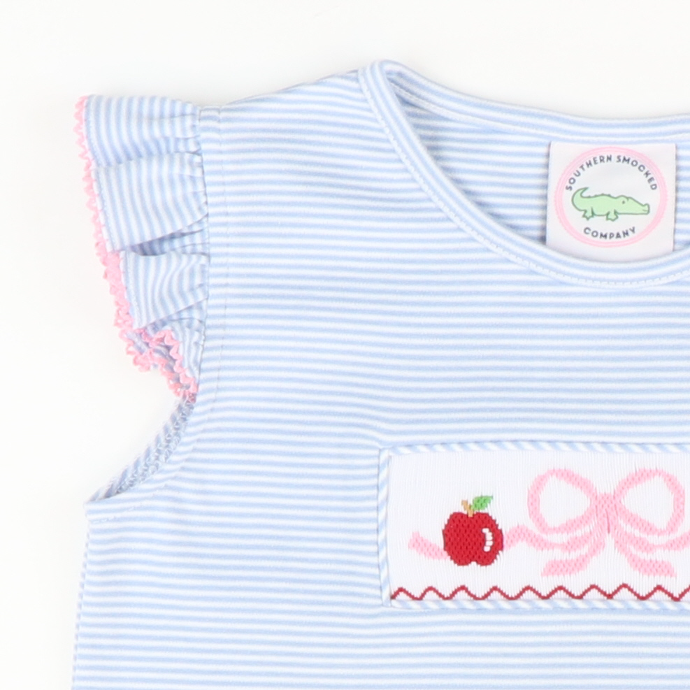 Smocked Apples & Bow Knit Top & Ruffle Shorts Set - Light Blue Stripe & Light Blue Knit - Stellybelly