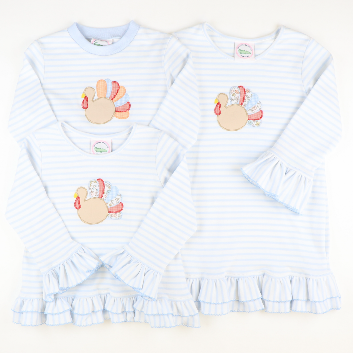 Appliquéd Turkey Ruffle Top - Light Blue Stripe Knit - Stellybelly