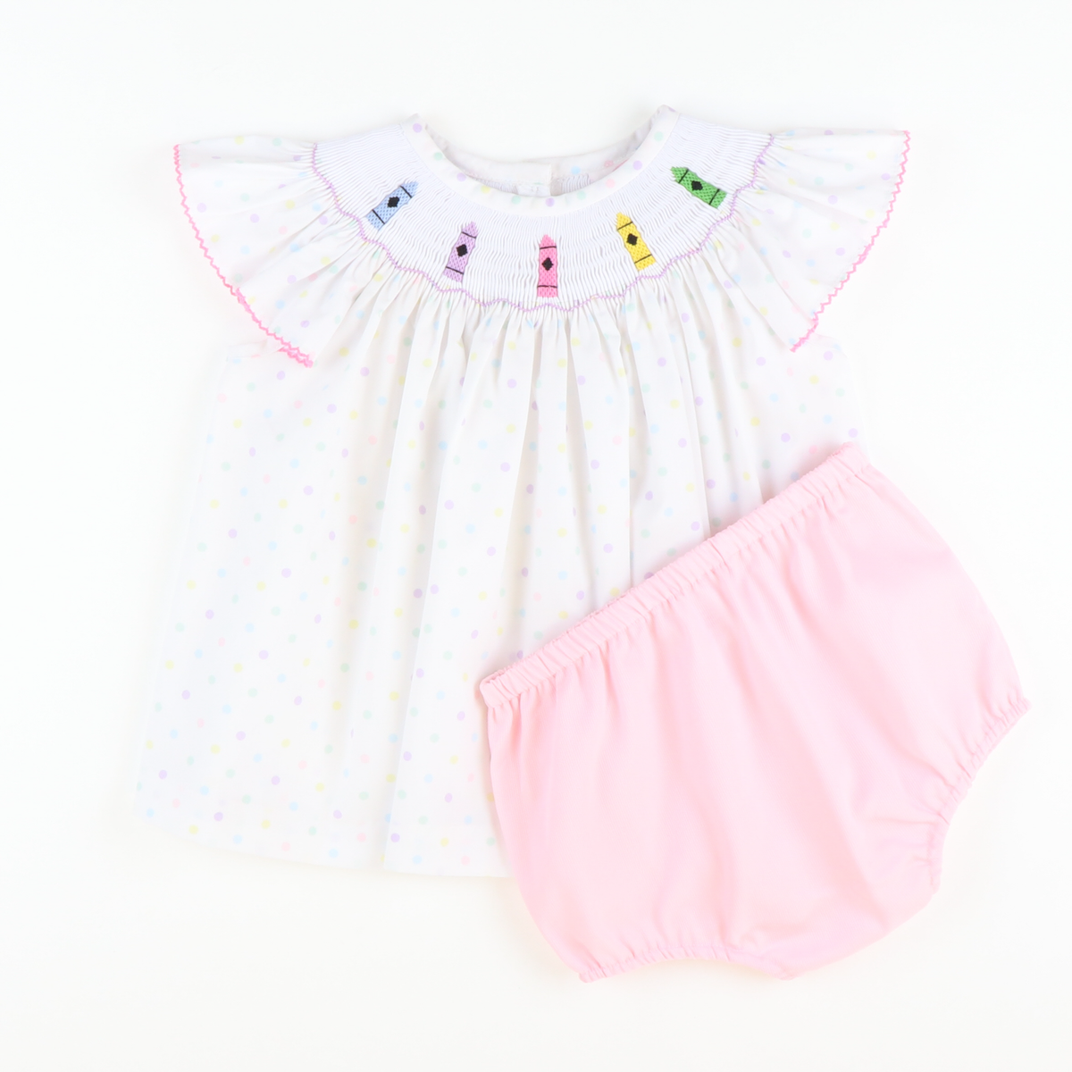 Smocked Pastel Crayons Top & Bloomer Set - Pastel Polka Dot - Stellybelly