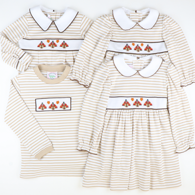 Embroidered Turkeys Collared Boy Long Bubble - Tan Stripe Knit - Stellybelly