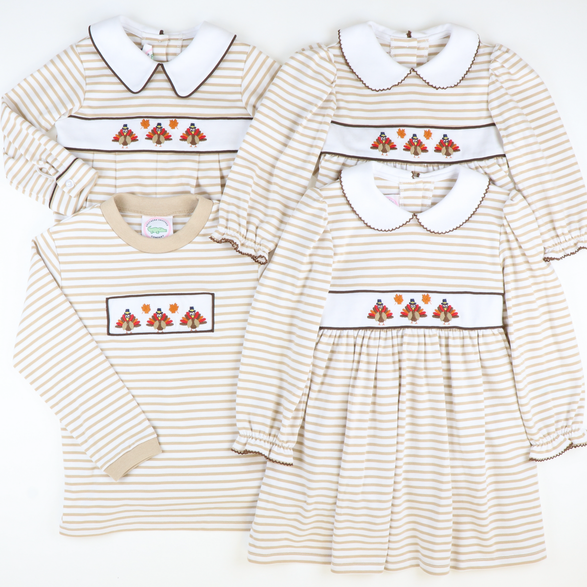 Embroidered Turkeys Long Sleeve Shirt - Tan Stripe Knit - Stellybelly