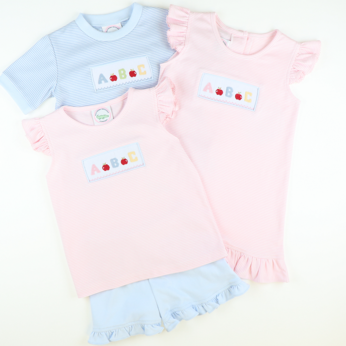 Smocked Pastel ABC Knit Shirt & Shorts Set - Light Blue Micro Stripe & Light Blue Knit - Stellybelly
