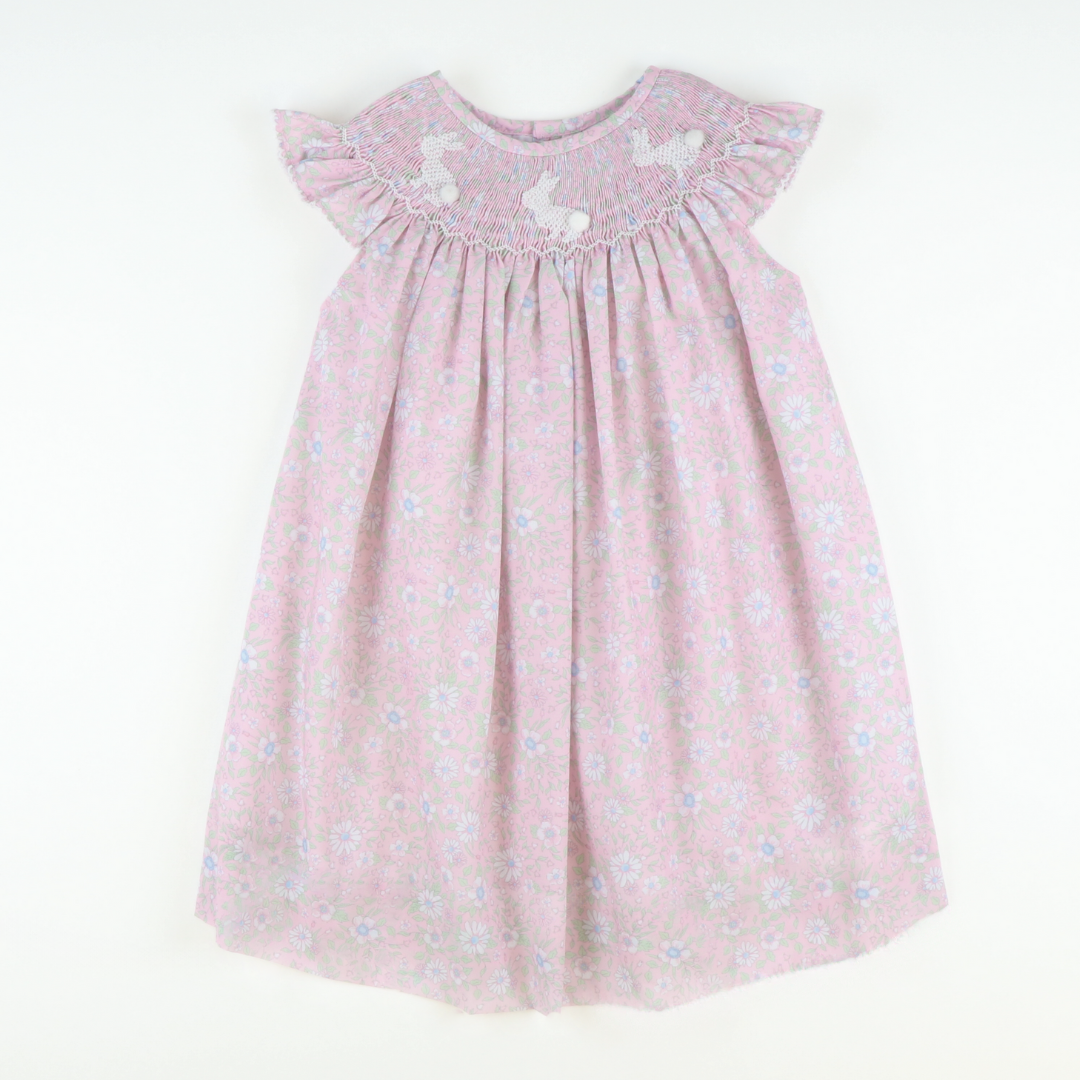 Smocked White Silhouette Bunnies Bishop- Pink Floral