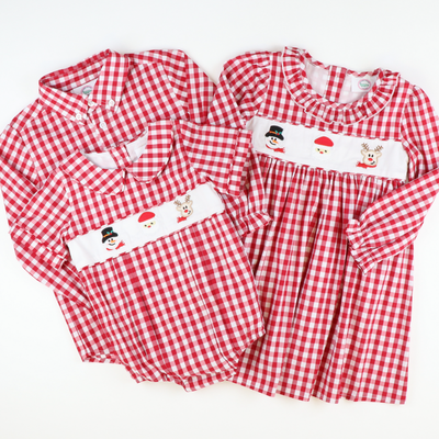 Embroidered Christmas Friends Dress- Holiday Red Check