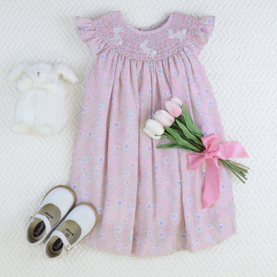 Smocked White Silhouette Bunnies Bishop- Pink Floral