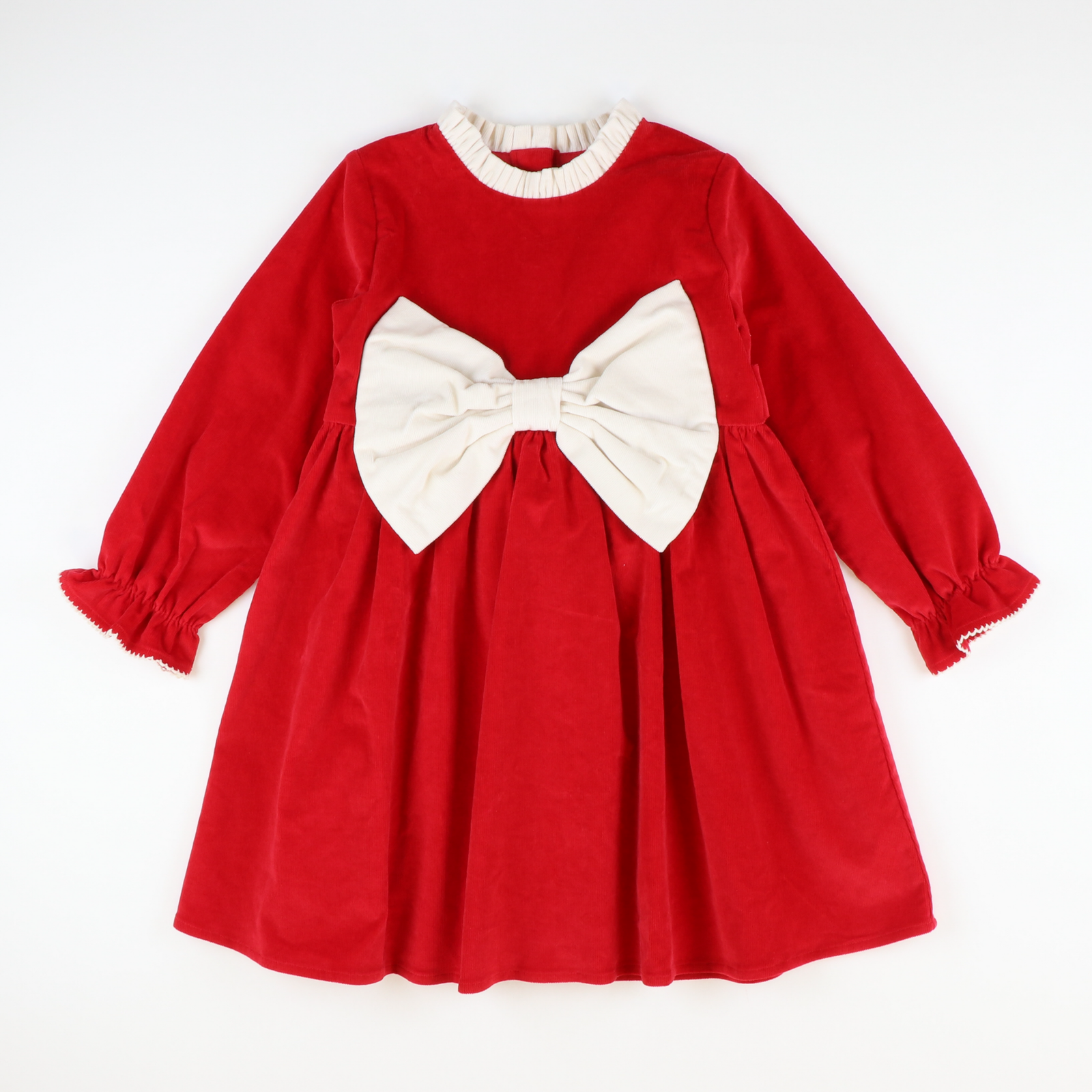 Corduroy Bow Dress - Holiday Red & Cream