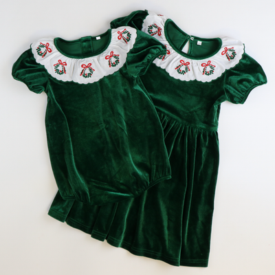 Embroidered Wreath Emerald Velvet Dress