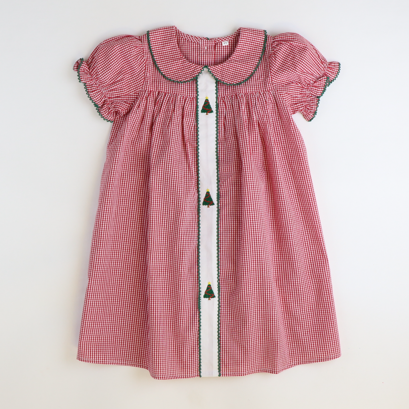 Embroidered Christmas Trees Collared Dress - Holiday Red Mini Gingham