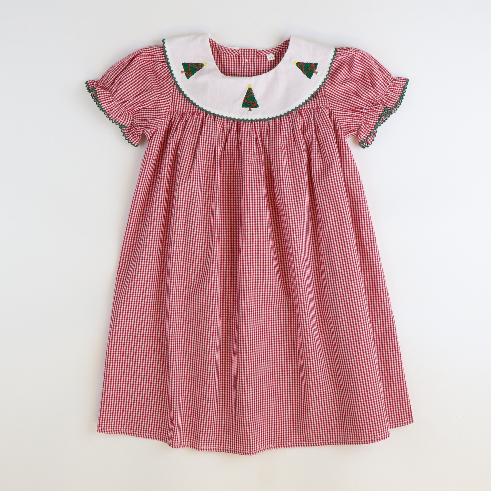 Embroidered Christmas Trees Bib Dress - Holiday Red Mini Gingham