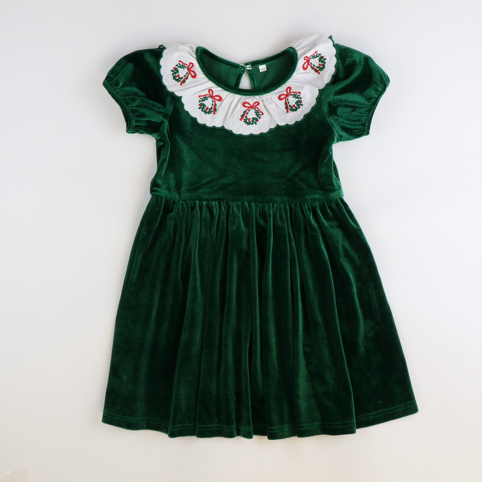Embroidered Wreath Emerald Velvet Dress - Stellybelly