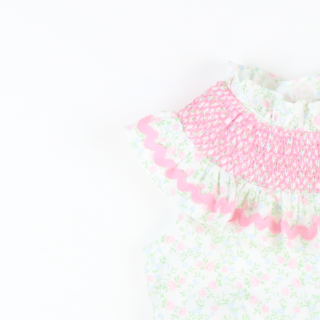 Smocked Ruffle Neck Dress - Pink & Blue Floral