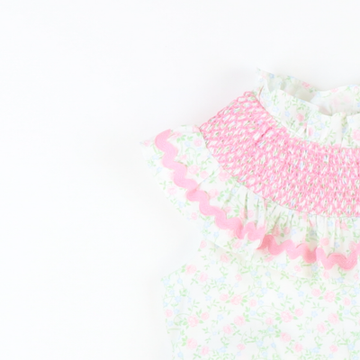 Smocked Ruffle Neck Dress - Pink & Blue Floral