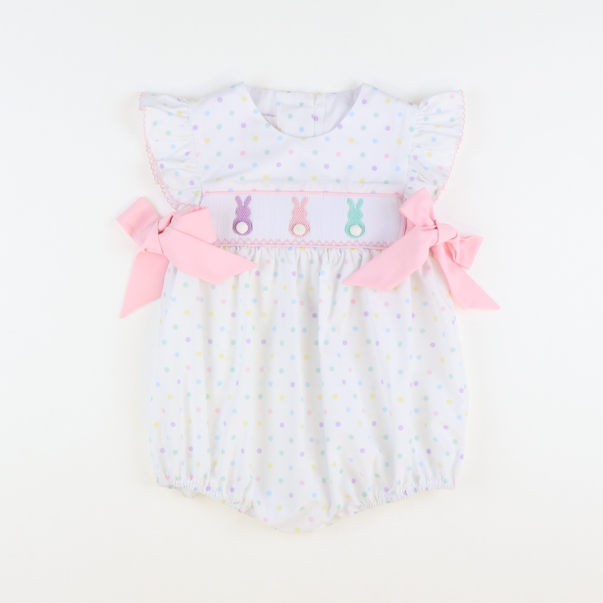 Smocked Cottontail Bunnies Girl Bubble - Pastel Polka Dot - Stellybelly