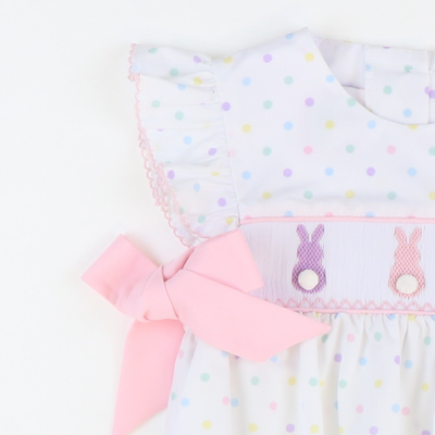 Smocked Cottontail Bunnies Girl Bubble - Pastel Polka Dot - Stellybelly