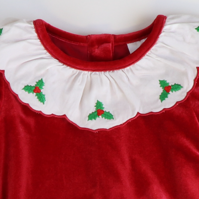 Embroidered Holly Holiday Red Velvet Girl Bubble