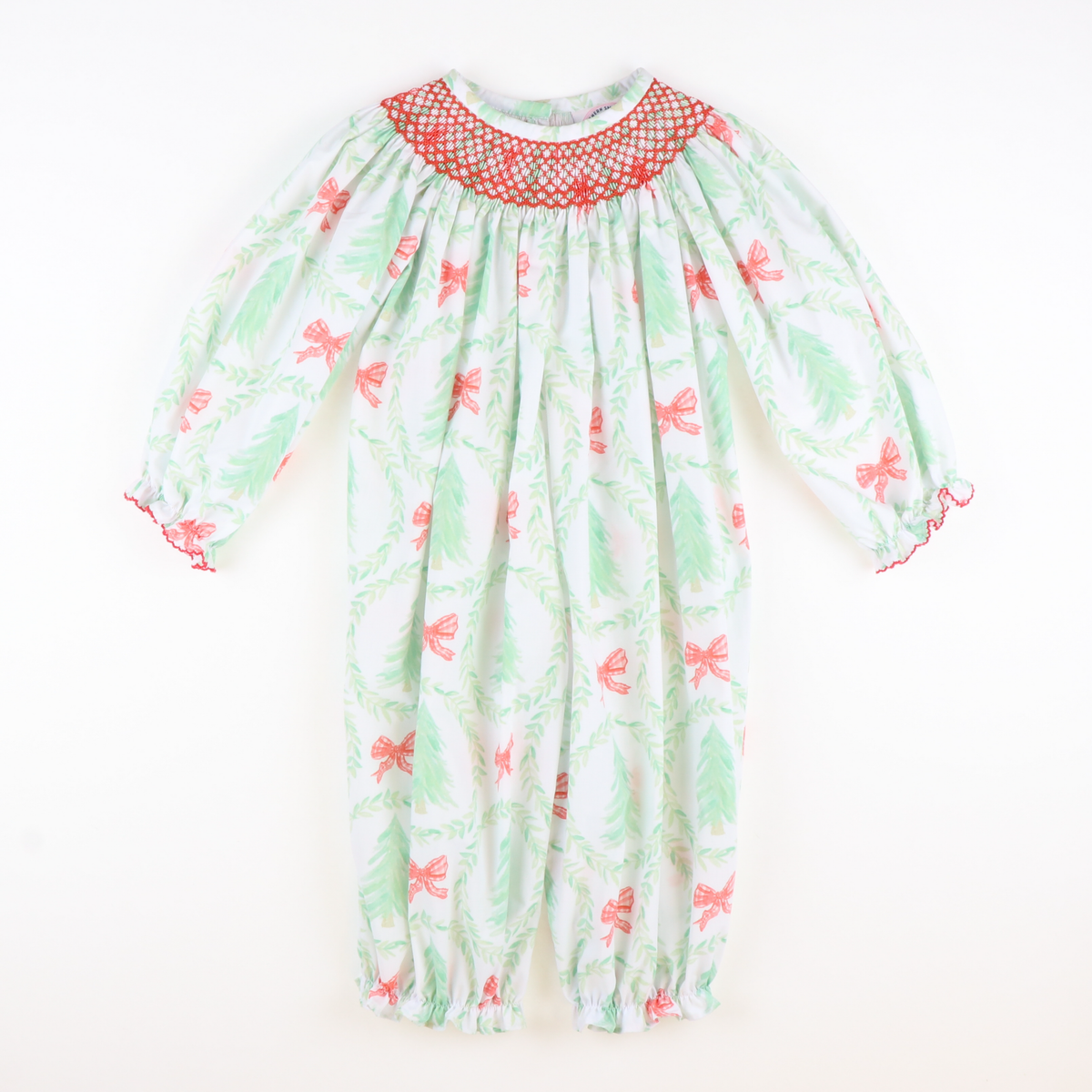 Smocked Heirloom Christmas Trees Geo L/S Girl Long Bubble - Stellybelly