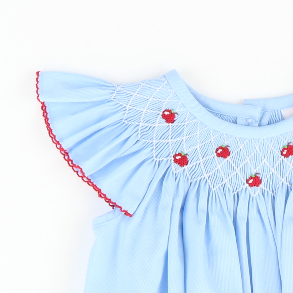 Smocked Tiny Apples Girl Bubble - Blue Pique - Stellybelly