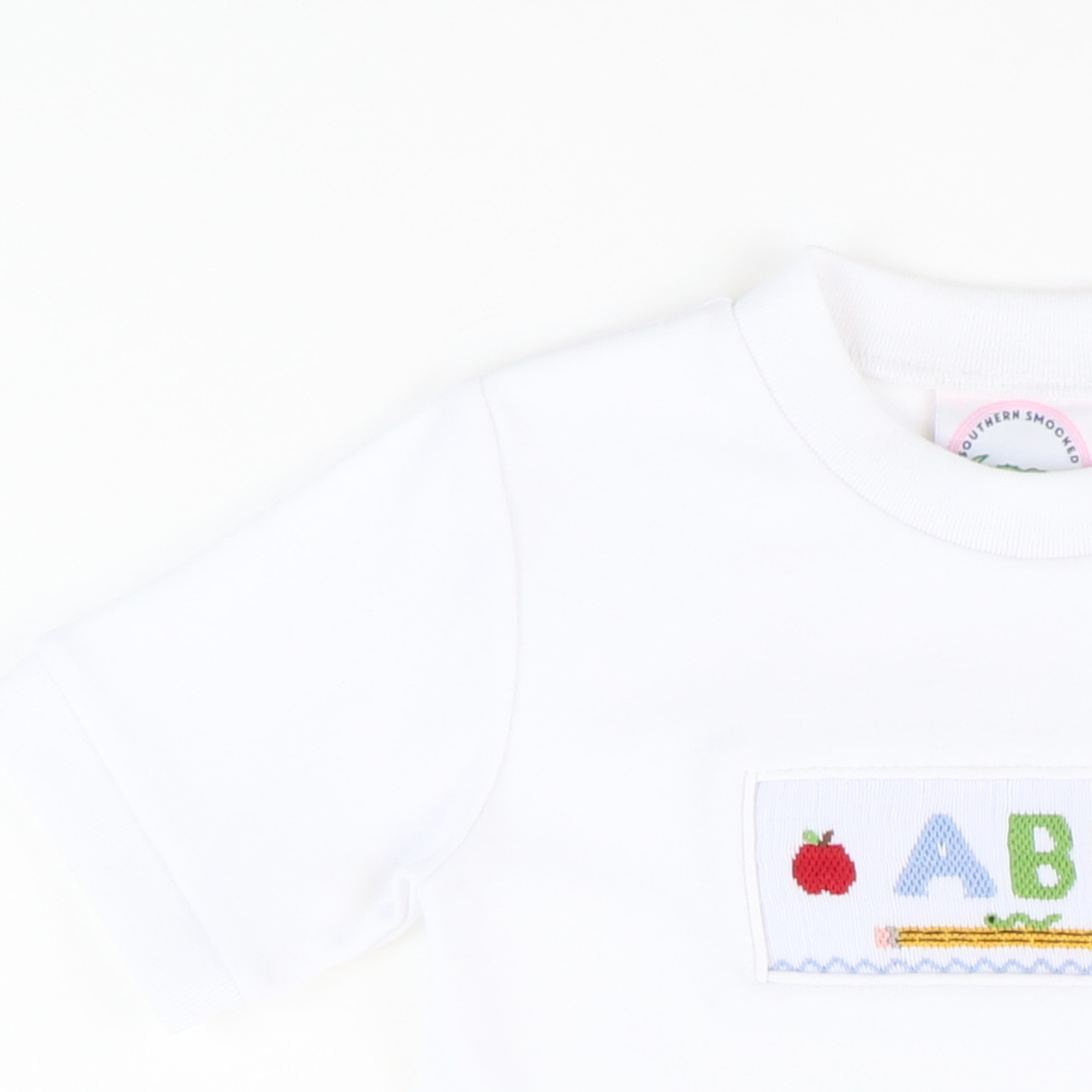 Smocked ABC & Apples Short Sleeve White Knit Shirt - Stellybelly