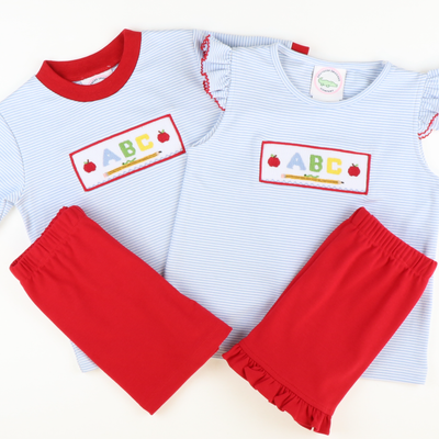 Smocked ABC & Apples Knit Shirt & Shorts Set - Light Blue Stripe & Red Knit - Stellybelly