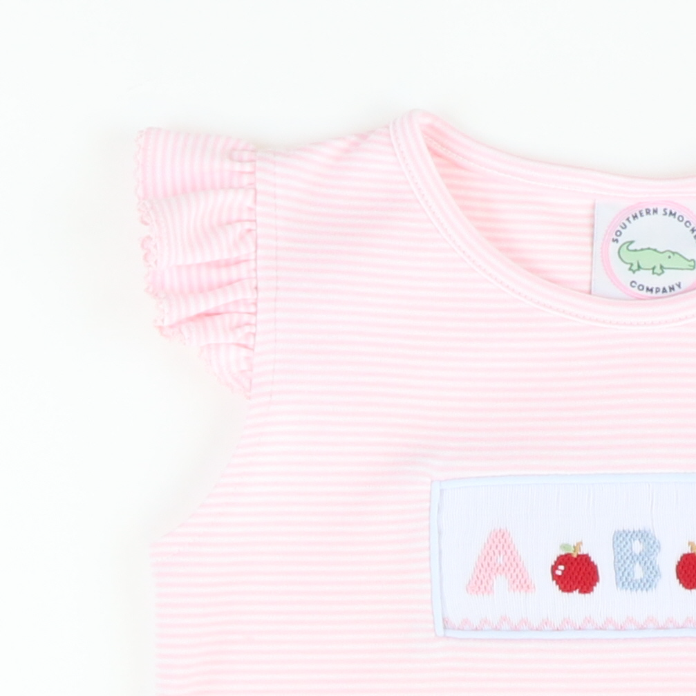 Smocked Pastel ABC Knit Top & Ruffle Shorts Set - Pink Micro Stripe & Light Blue Knit - Stellybelly