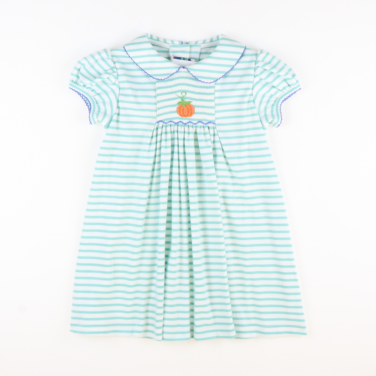 Smocked Pumpkin Collared Dress - Aqua Stripe Knit - Stellybelly