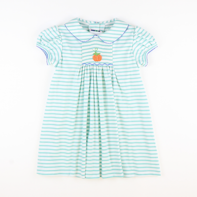 Smocked Pumpkin Collared Dress - Aqua Stripe Knit - Stellybelly