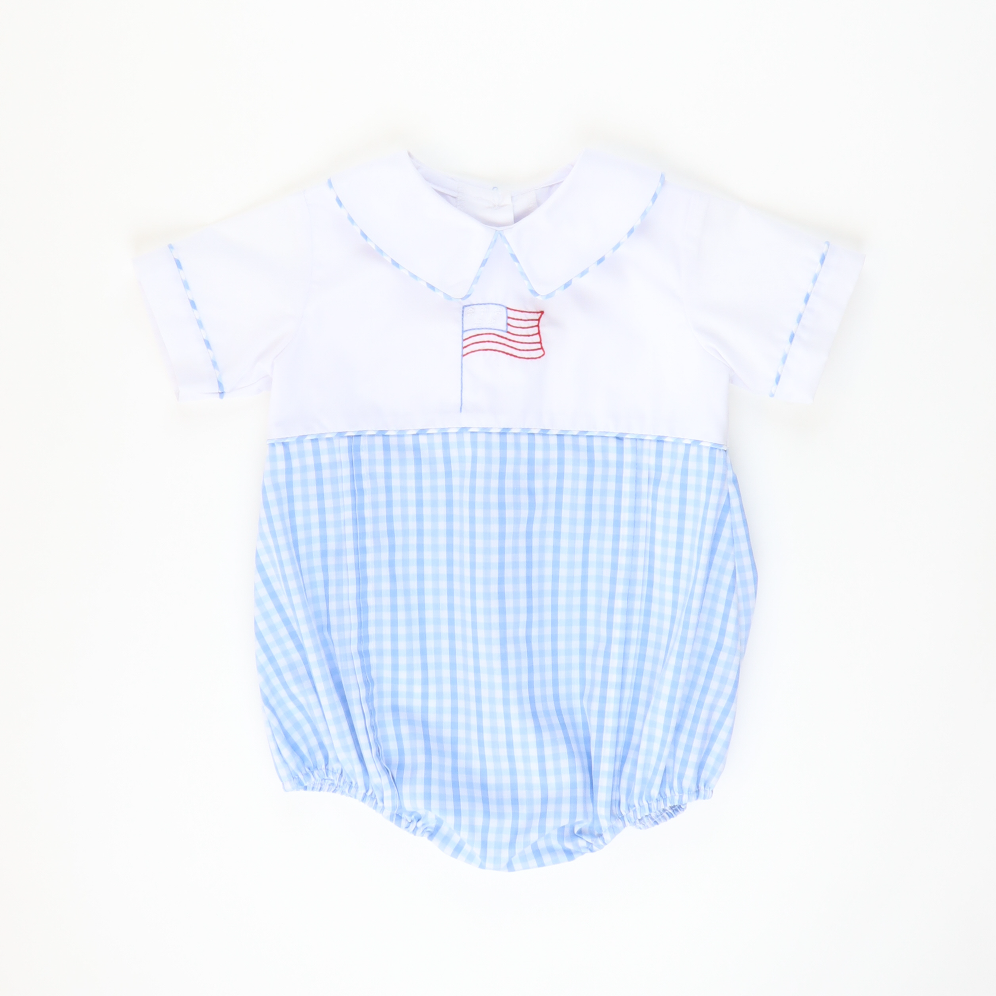 Embroidered Flag Collared Boy Bubble - Blue Plaid - Stellybelly