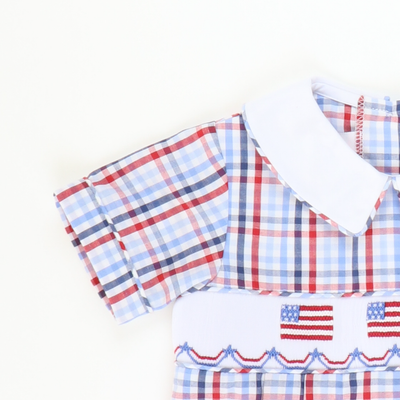 Smocked Flags Collared Boy Bubble - Patriotic Plaid - Stellybelly