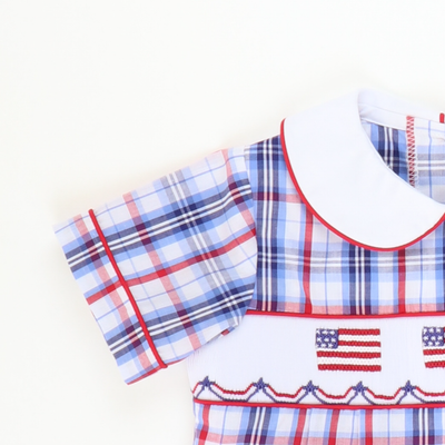 Smocked Flags Collared Boy Romper - Liberty Plaid - Stellybelly