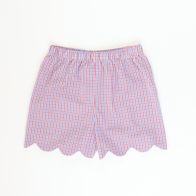 Scalloped Girl Shorts - Patriotic Mini Check Seersucker - Stellybelly