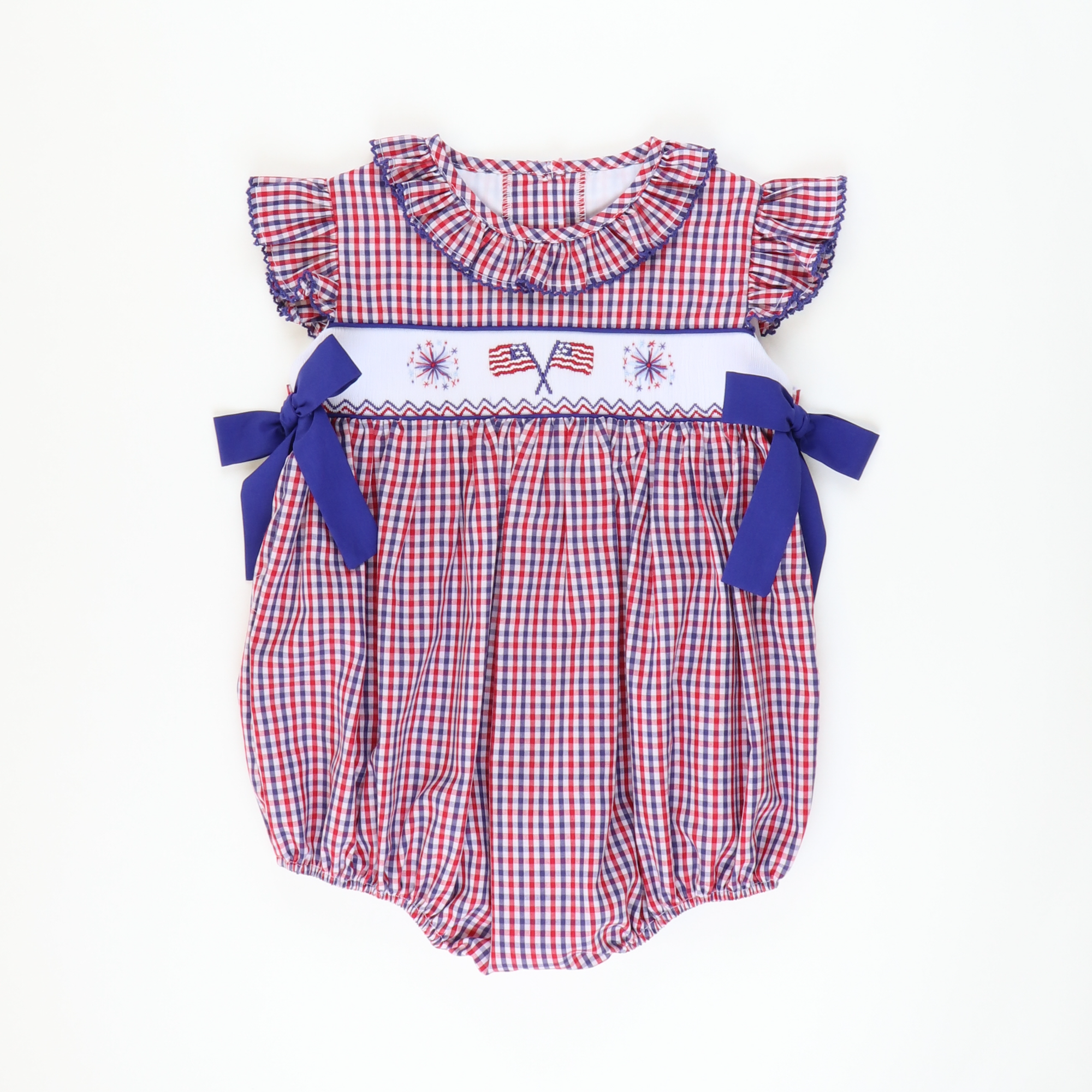 Smocked Flags & Fireworks Ruffle Neck Girl Bubble - Red & Blue Gingham - Stellybelly