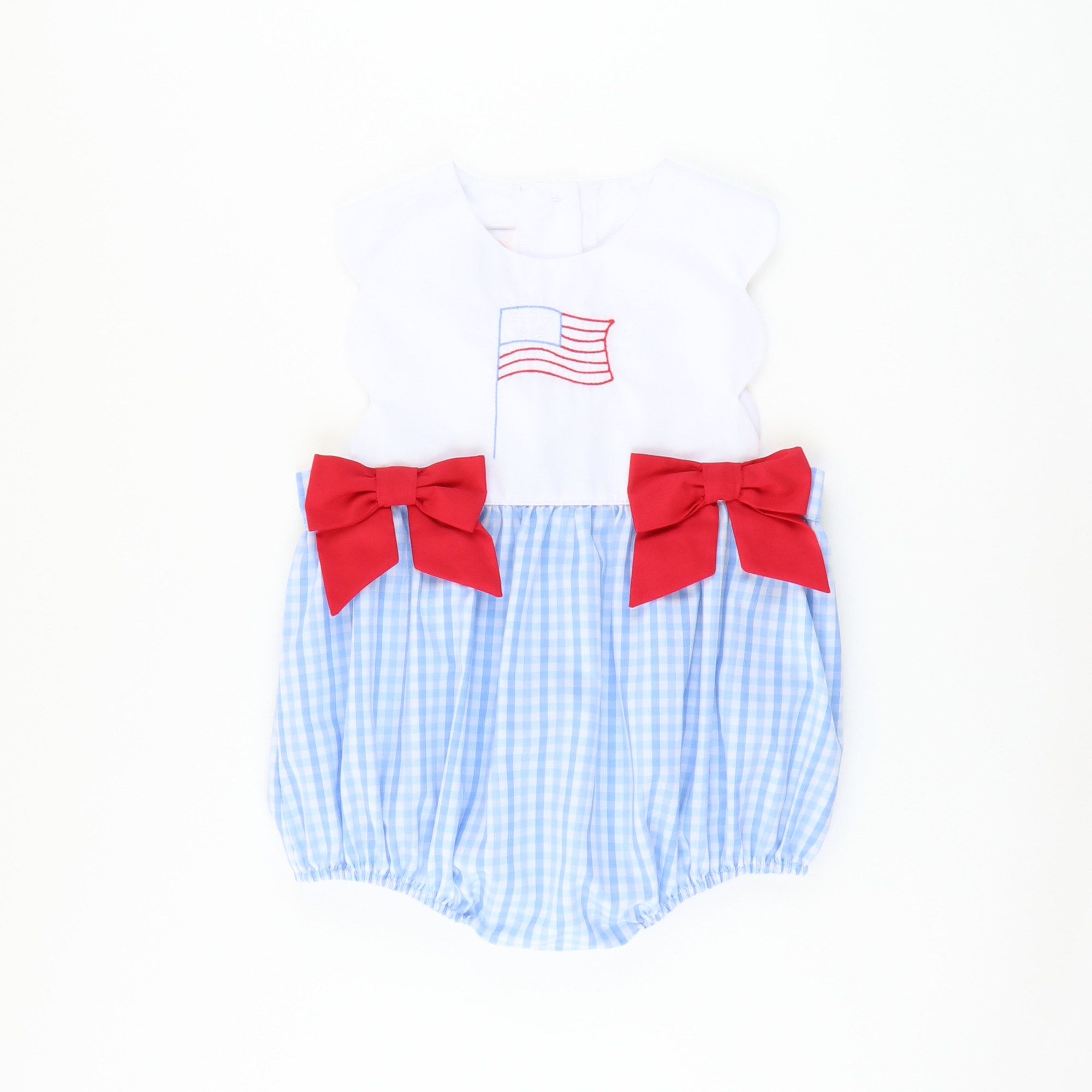 Embroidered Flag Scalloped Girl Bubble - Blue Plaid