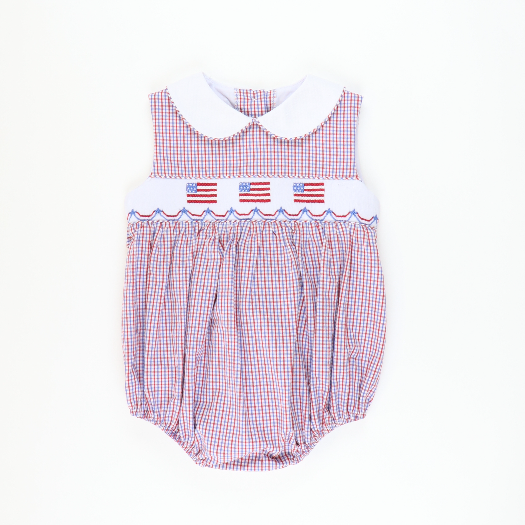 Smocked Flags Collared Girl Bubble - Patriotic Mini Check Seersucker - Stellybelly