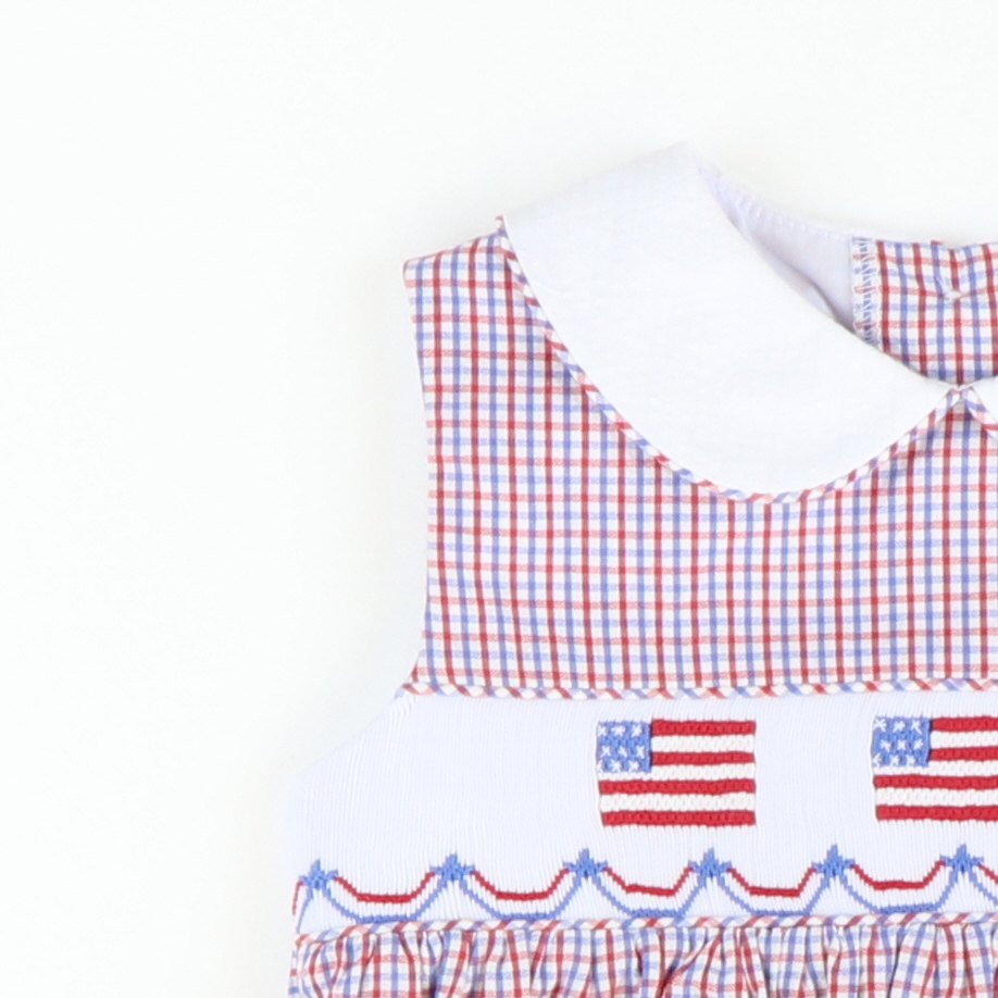Smocked Flags Collared Dress - Patriotic Mini Check Seersucker - Stellybelly
