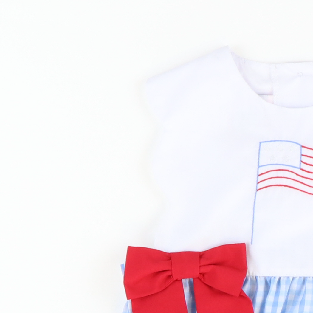 Embroidered Flag Scalloped Girl Bubble - Blue Plaid - Stellybelly