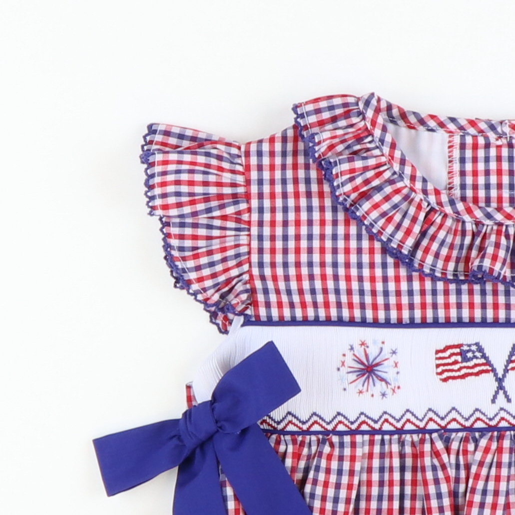 Smocked Flags & Fireworks Ruffle Neck Dress - Red & Blue Gingham - Stellybelly