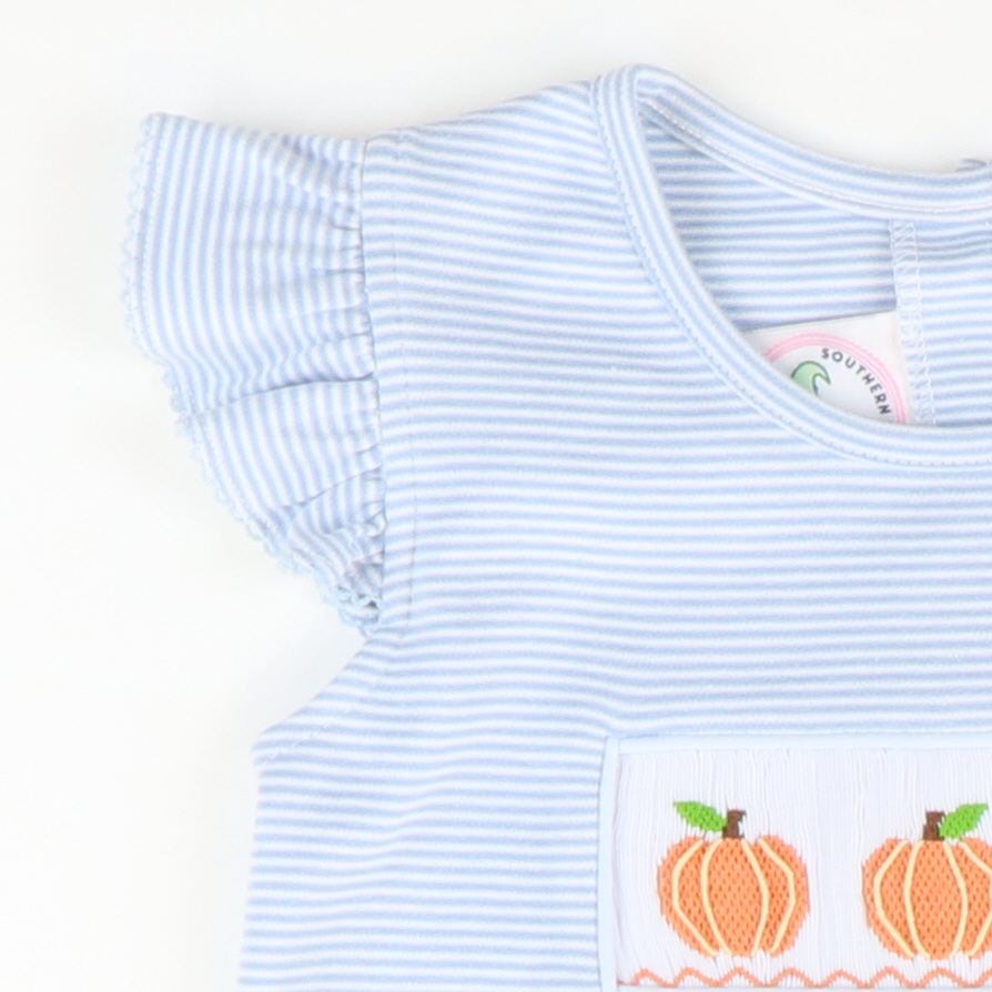 Smocked Classic Pumpkins Dress - Light Blue Micro Stripe Knit - Stellybelly