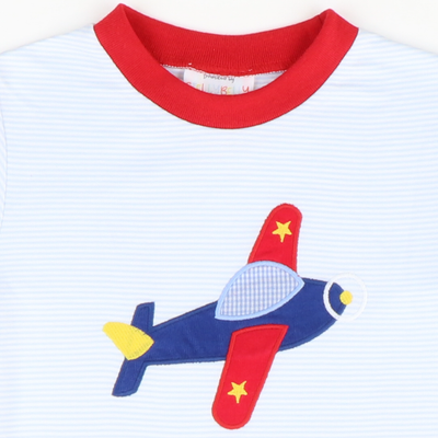 Appliquéd Airplane Boy Long Bubble - Light Blue Stripe Knit - Stellybelly
