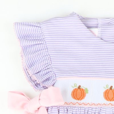 Smocked Pumpkins & Vines Dress - Lavender Stripe Knit - Stellybelly