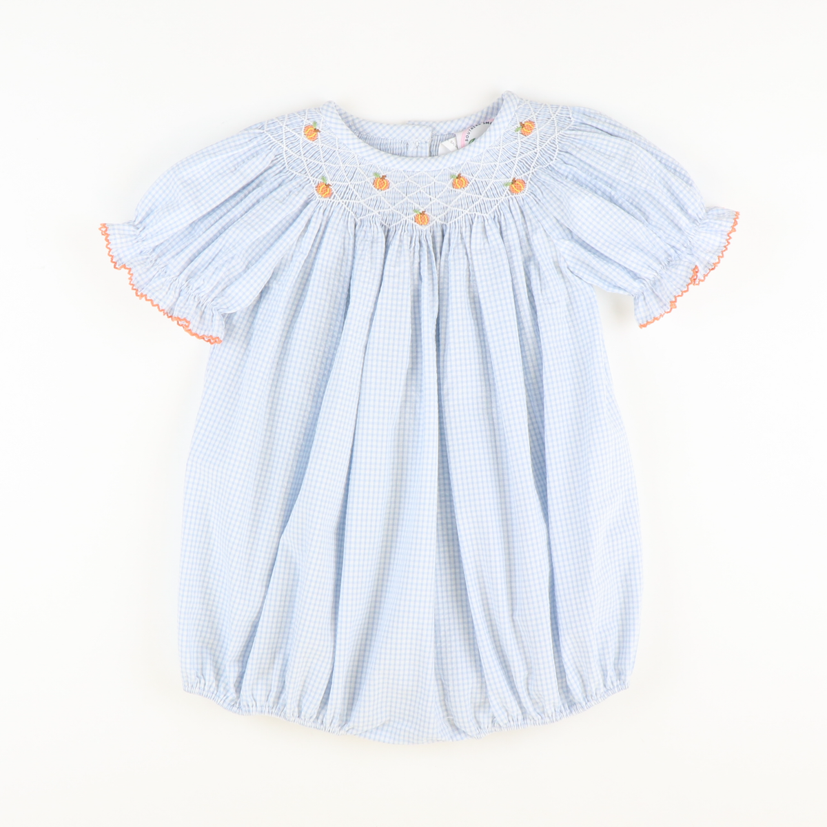 Smocked Tiny Pumpkins Girl Bubble - Light Blue Mini Check Seersucker - Stellybelly