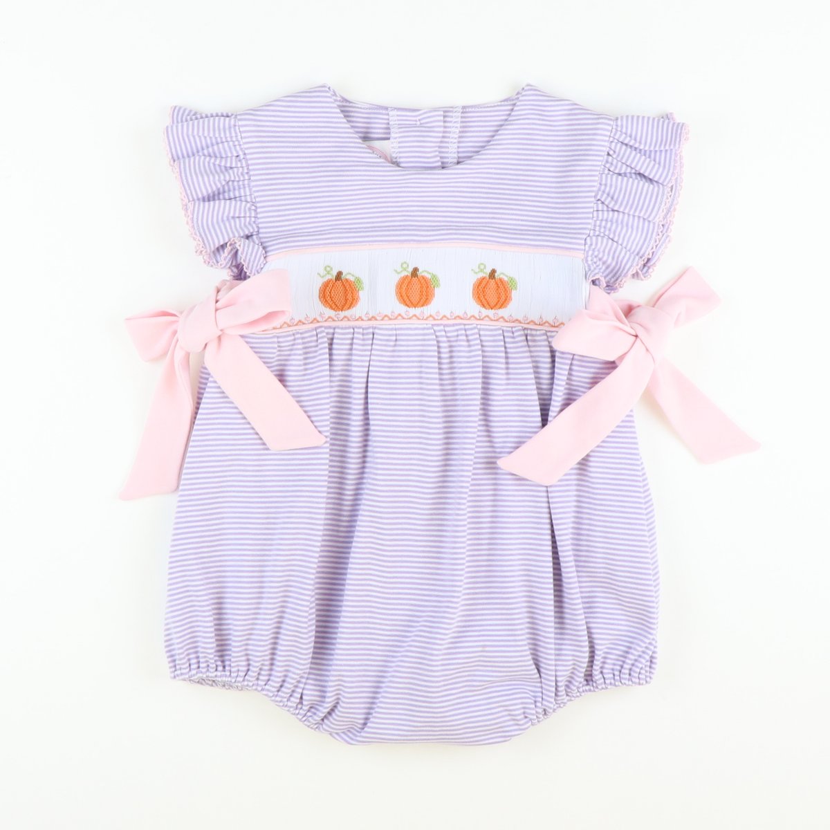 Smocked Pumpkins & Vines Girl Bubble - Lavender Stripe Knit - Stellybelly