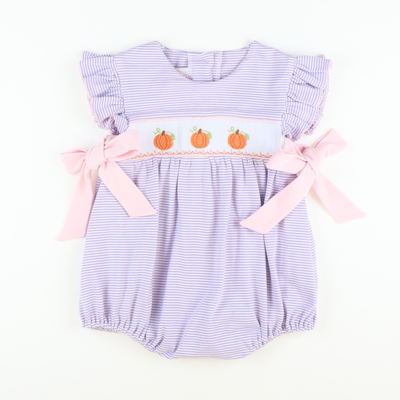 Smocked Pumpkins & Vines Girl Bubble - Lavender Stripe Knit - Stellybelly