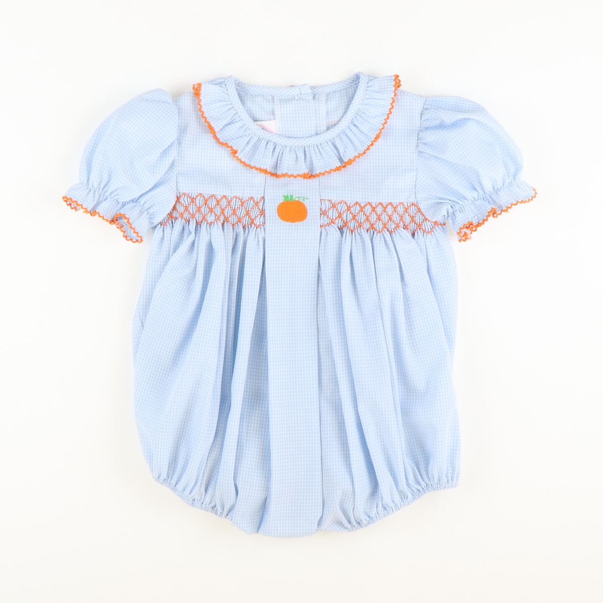 Embroidered Pumpkin Geo Girl Bubble - Light Blue Mini Gingham - Stellybelly