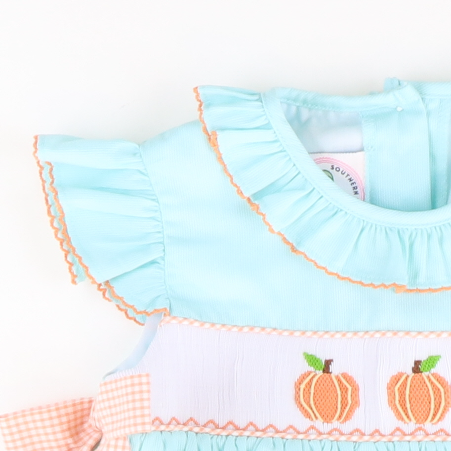 Smocked Classic Pumpkins Ruffle Neck Girl Bubble - Mint Pique - Stellybelly