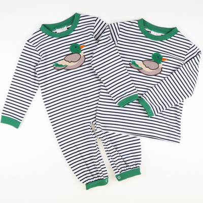 Appliquéd Mallard Long Sleeve Shirt - Navy Stripe Knit - Stellybelly